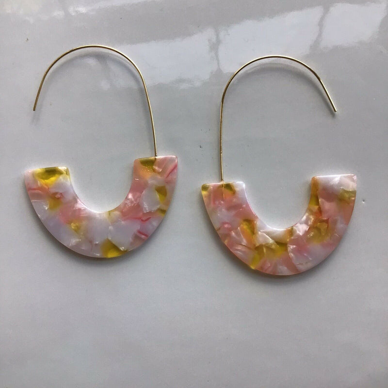 Gold Coral Pink Resin Statement Earrings For Women, Lightweight