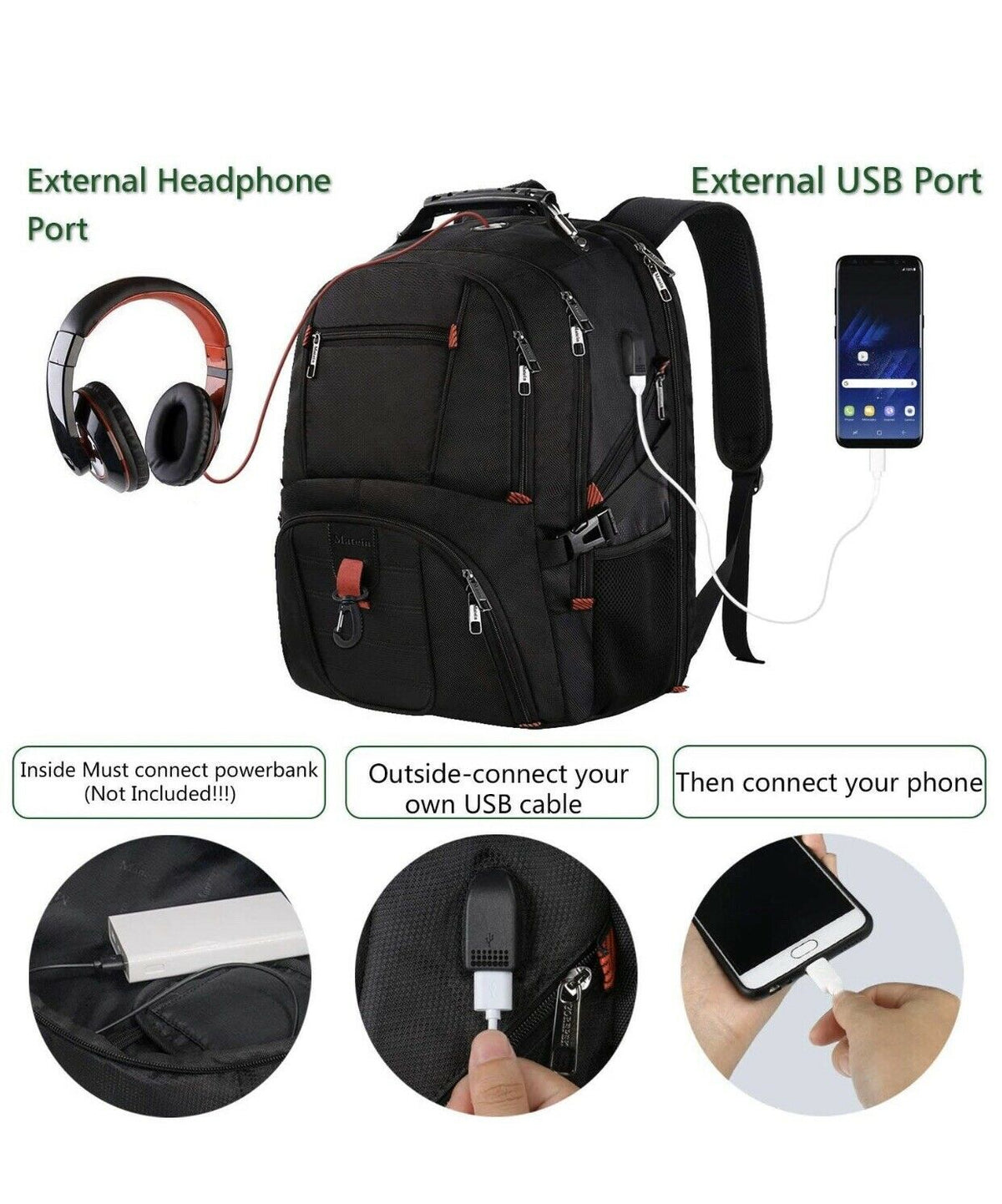 backpack for laptop and headphones Matein Premium Travel Backpack for International Travel, 17 Inch Lapto